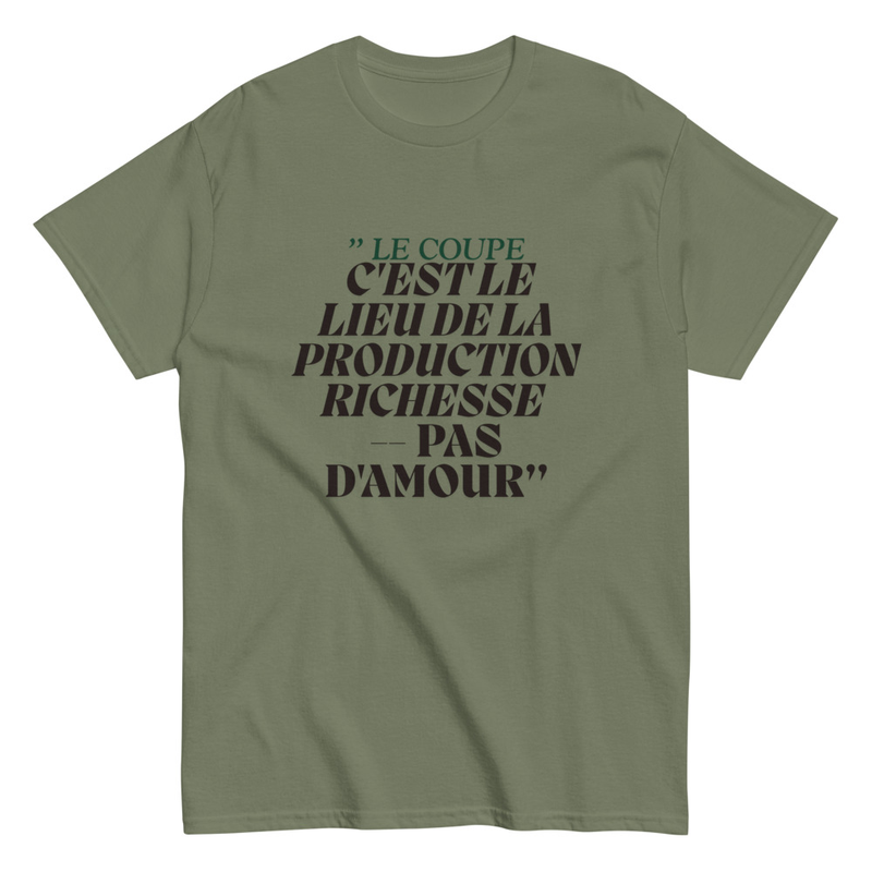 T-shirt rouge citation | Le coupe c’est le lieu de la production richesse — pas d’amour