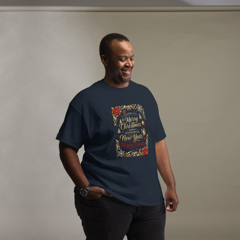 T-shirt "Merry Christmas & Happy New Year – Happy Family" | Design festif doré et rouge| Unisex classic tee
