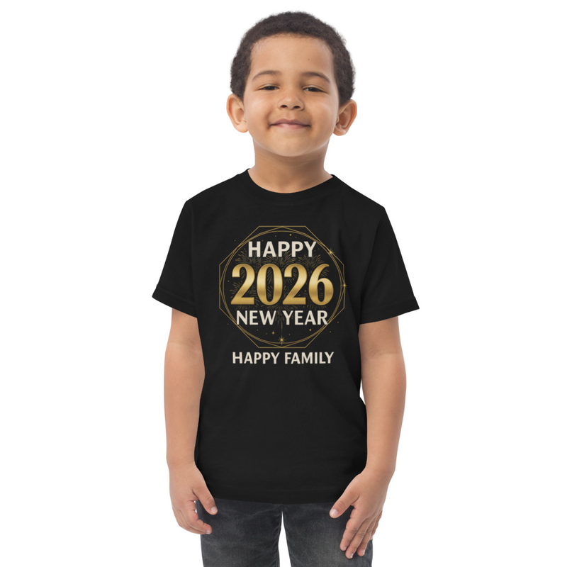 Toddler jersey t-shirt  "Happy New Year – Happy Family" | Design festif doré | 2à 6 ans