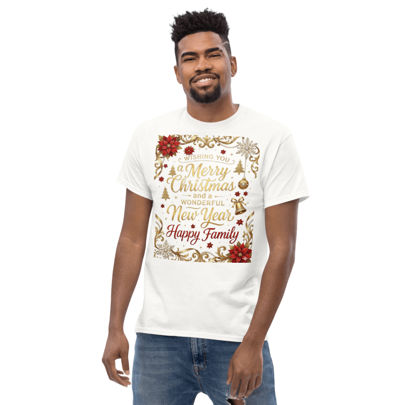 T-shirt "Merry Christmas & Happy New Year – Happy Family" | Design festif doré et rouge| Unisex classic tee