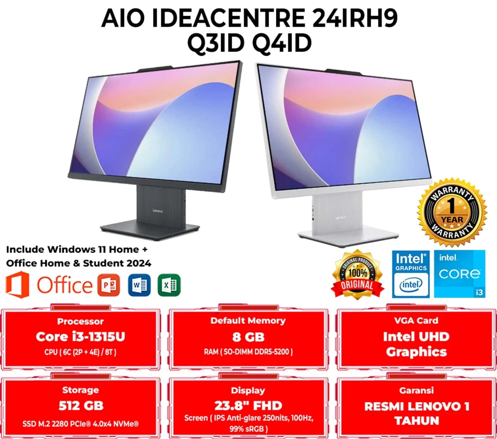 LENOVO AIO ALL IN ONE IDEACENTRE 24IRH9 Q3ID Q4ID INTEL CORE i3-1315U 8GB 512GB WIN 11 HOME
