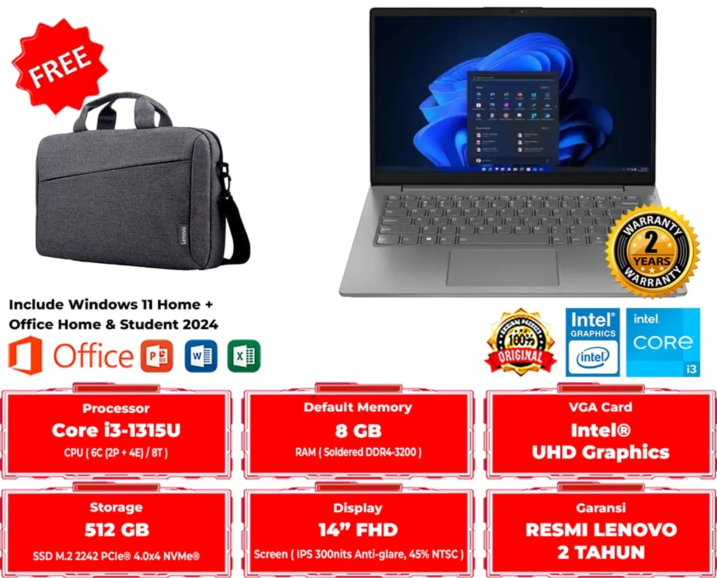 LENOVO V14 GEN 4 IRU LJID GREY INTEL CORE i3-1315U 8GB 512GB SSD WIN 11 HOME + OFFICE HOME 2024