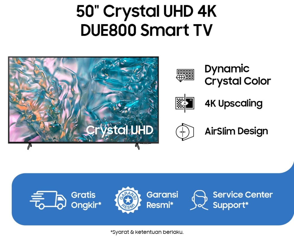 Samsung 50" Crystal UHD 4K DUE800 Smart TV | Dynamic Crystal Color | AirSlim Design | UA50DUE800KXXD