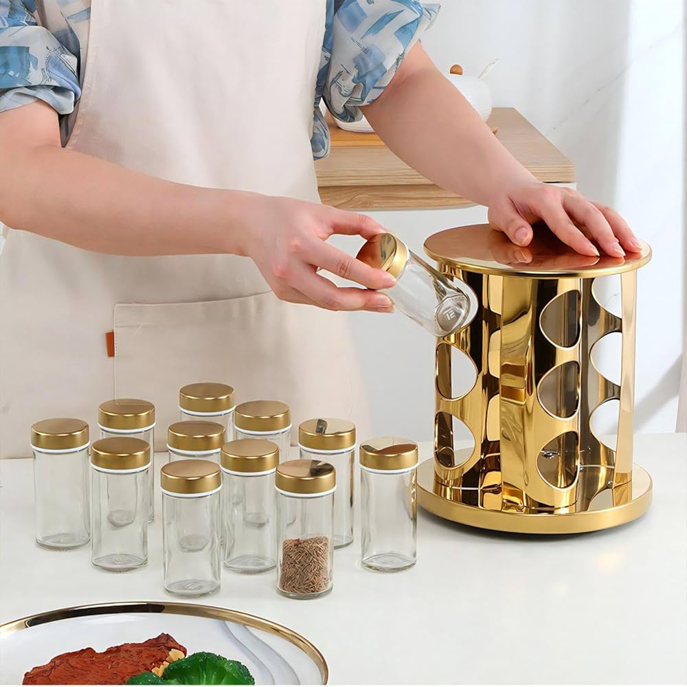 Stainless Steel 16 pcs Jars Rotating Spice Jar Rack Set Seasoning Stand Holder Condiment Salt Pepper Shaker Kitchen Tools