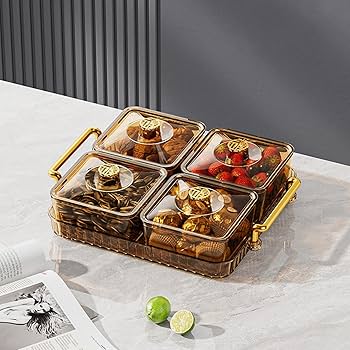 Dreamhousey Living Room Multi Division 4-grids Fruit Plate+Iron frame/Set, Dried Fruit nut Bowl Snack Dessert Candy Service Tray Platter Storage Box with lid (brown, 4-grids)