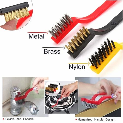 3Pc Wire Brush Cleaning Tool Set – Brass, Nylon & Stainless Steel Bristles for Rust, Grime & Dirt Removal