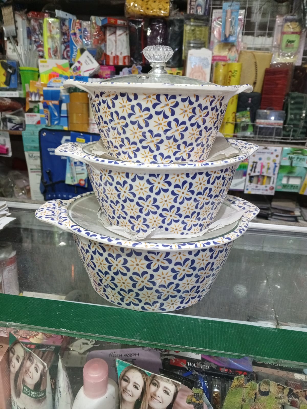 3-Piece Double-Glazed Ceramic Serving Bowl Set – Elegant Blue & White Dinnerware for Home & Parties"