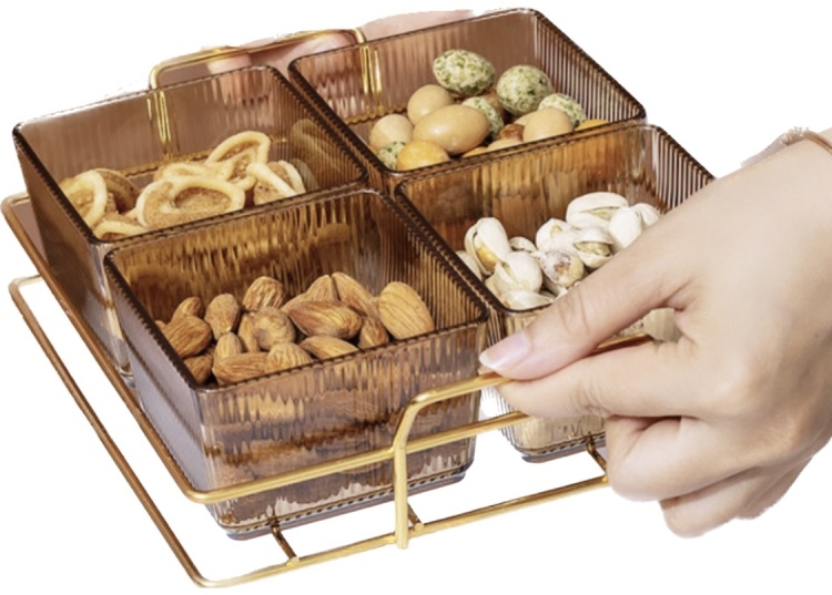Dreamhousey Living Room Multi Division 4-grids Fruit Plate+Iron frame/Set, Dried Fruit nut Bowl Snack Dessert Candy Service Tray Platter Storage Box with lid (brown, 4-grids)