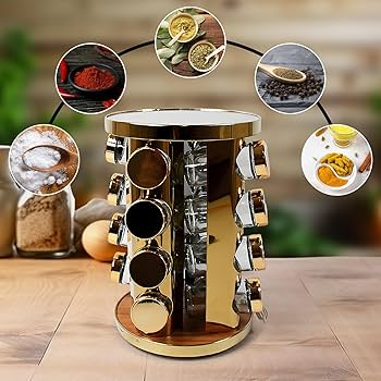Stainless Steel 16 pcs Jars Rotating Spice Jar Rack Set Seasoning Stand Holder Condiment Salt Pepper Shaker Kitchen Tools