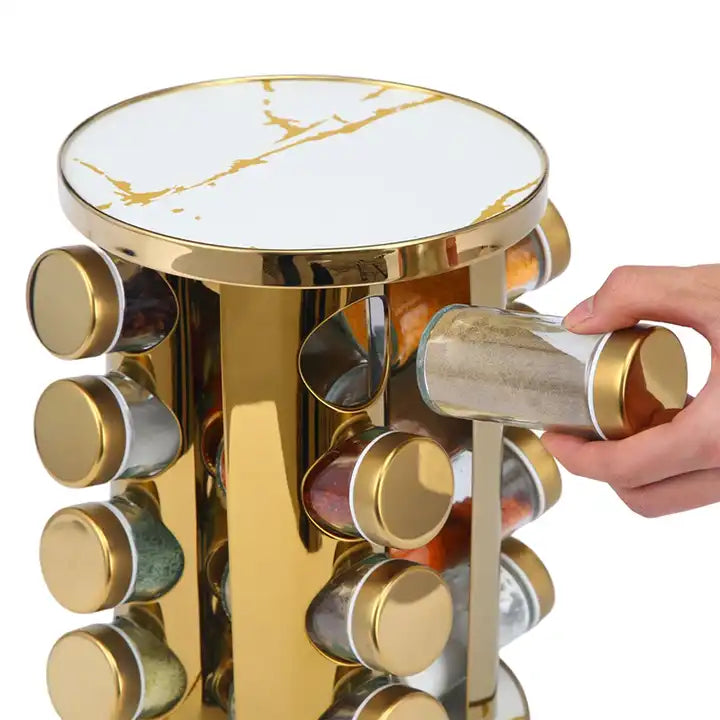 Stainless Steel 16 pcs Jars Rotating Spice Jar Rack Set Seasoning Stand Holder Condiment Salt Pepper Shaker Kitchen Tools