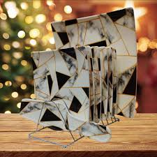 Luxury Marble Pattern melamine Serving Tray Set with Metal Stand – Elegant Snack, Dessert & Tea Platter for Home & Parties