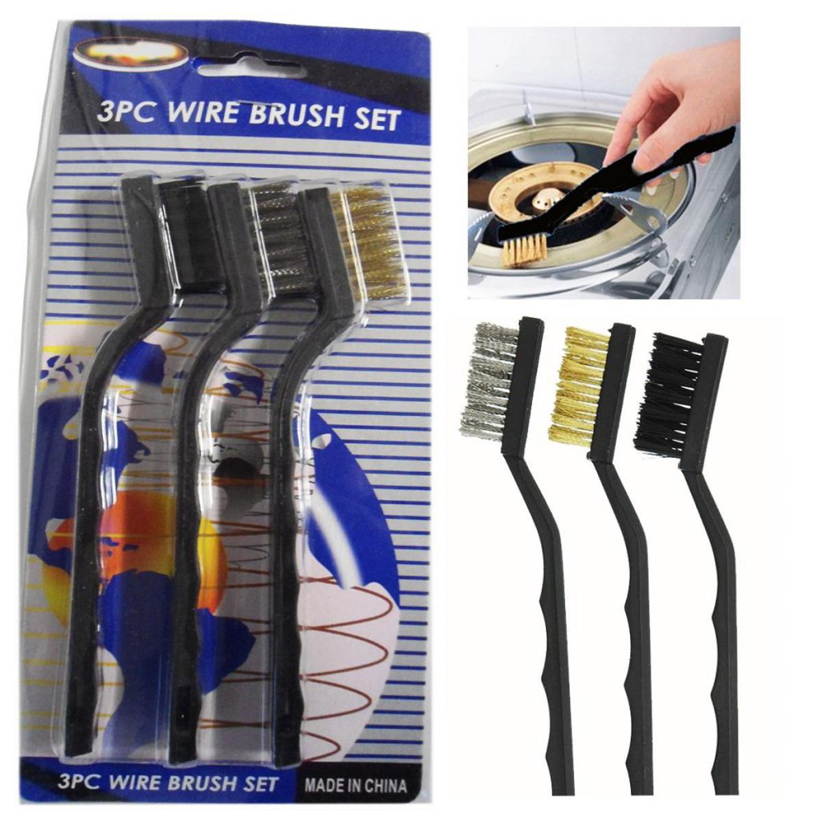 3Pc Wire Brush Cleaning Tool Set – Brass, Nylon & Stainless Steel Bristles for Rust, Grime & Dirt Removal