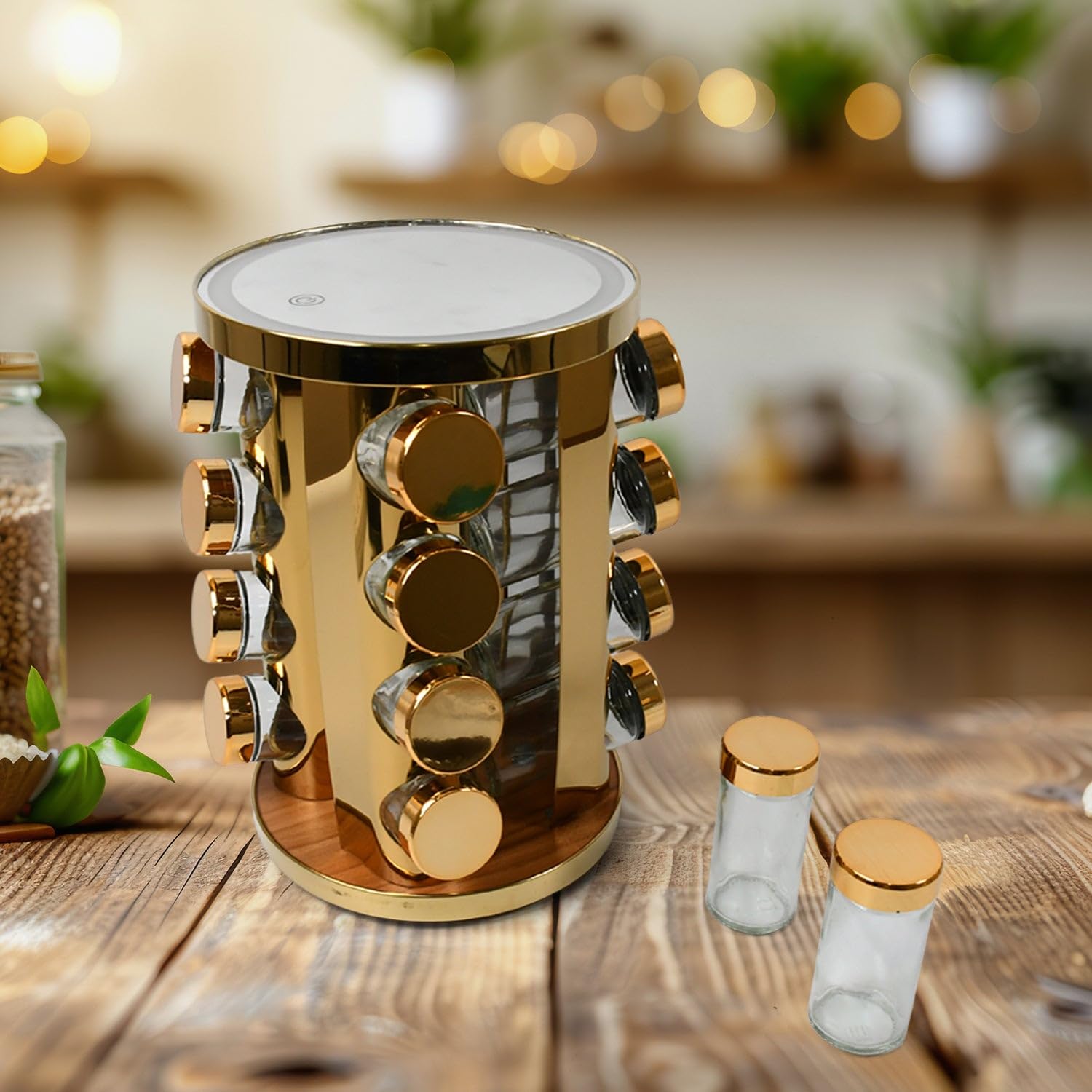 Stainless Steel 16 pcs Jars Rotating Spice Jar Rack Set Seasoning Stand Holder Condiment Salt Pepper Shaker Kitchen Tools