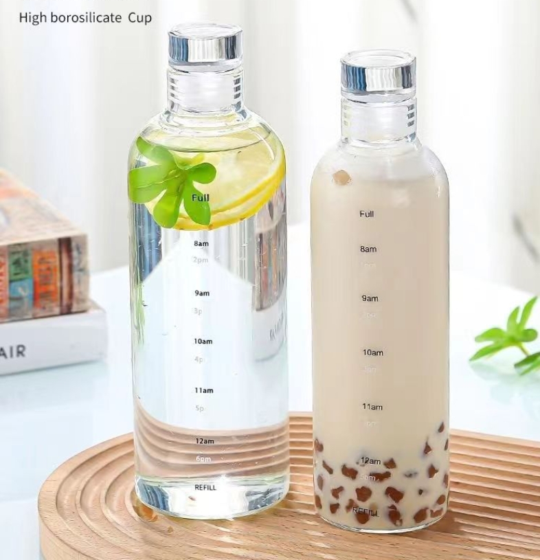 1000 ML Large Capacity Glass Bottle With Time Marker For Water Drinks