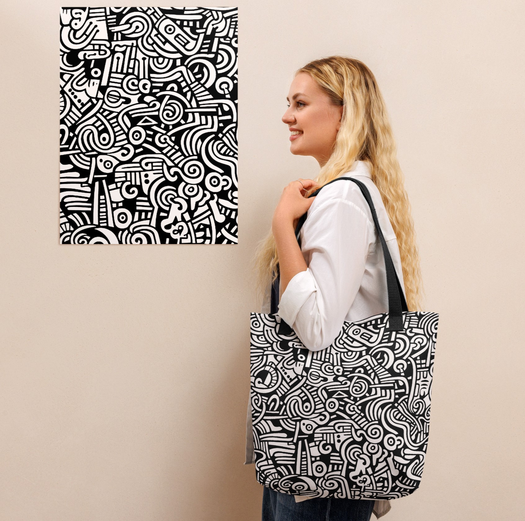 Abstract Doodle Graffiti Pattern  DIY Color In Tote Bag