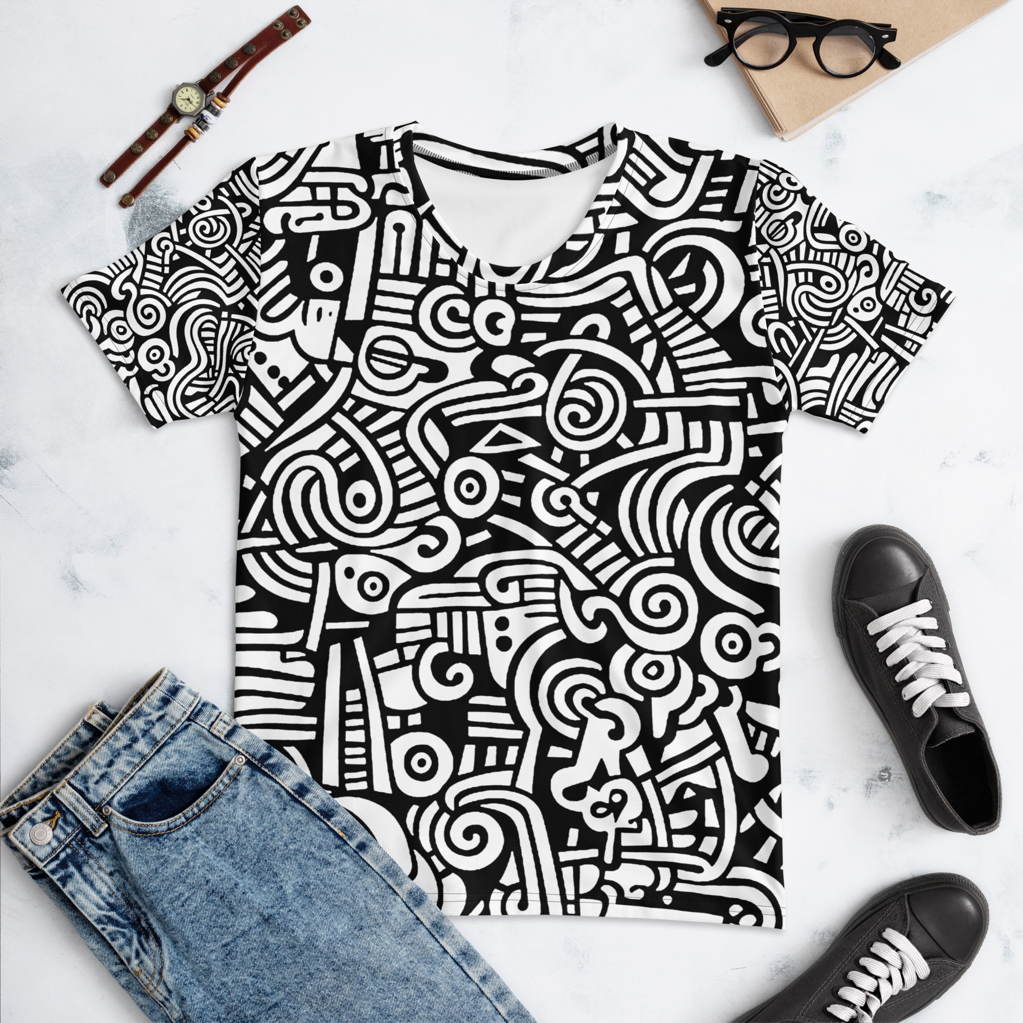 Abstract Doodle Graffiti Pattern DIY Color In Women's Premium Cotton T-Shirt