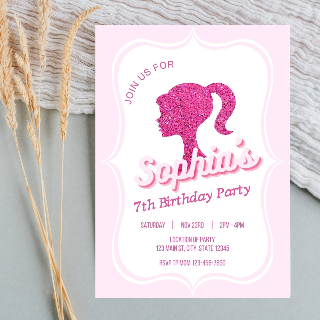 Modern Graphic Barbie "Let's Go Party" Invitation Template | Editable Canva