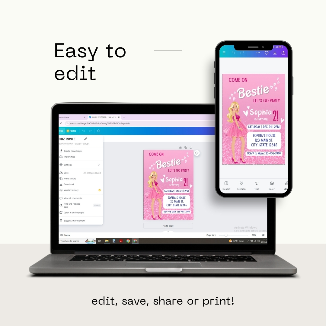 Modern Graphic Barbie "Let's Go Party" Invitation Template | Editable Canva