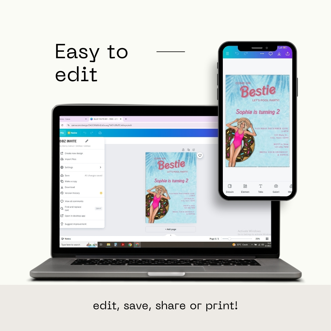 Editable Barbie Pool Party Birthday Invitation Template