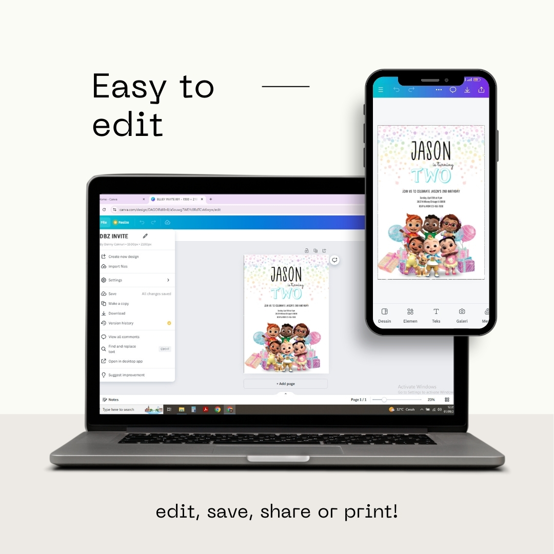 Simple CoComelon 2nd Birthday Invitation Template | Clean & Editable Canva Design