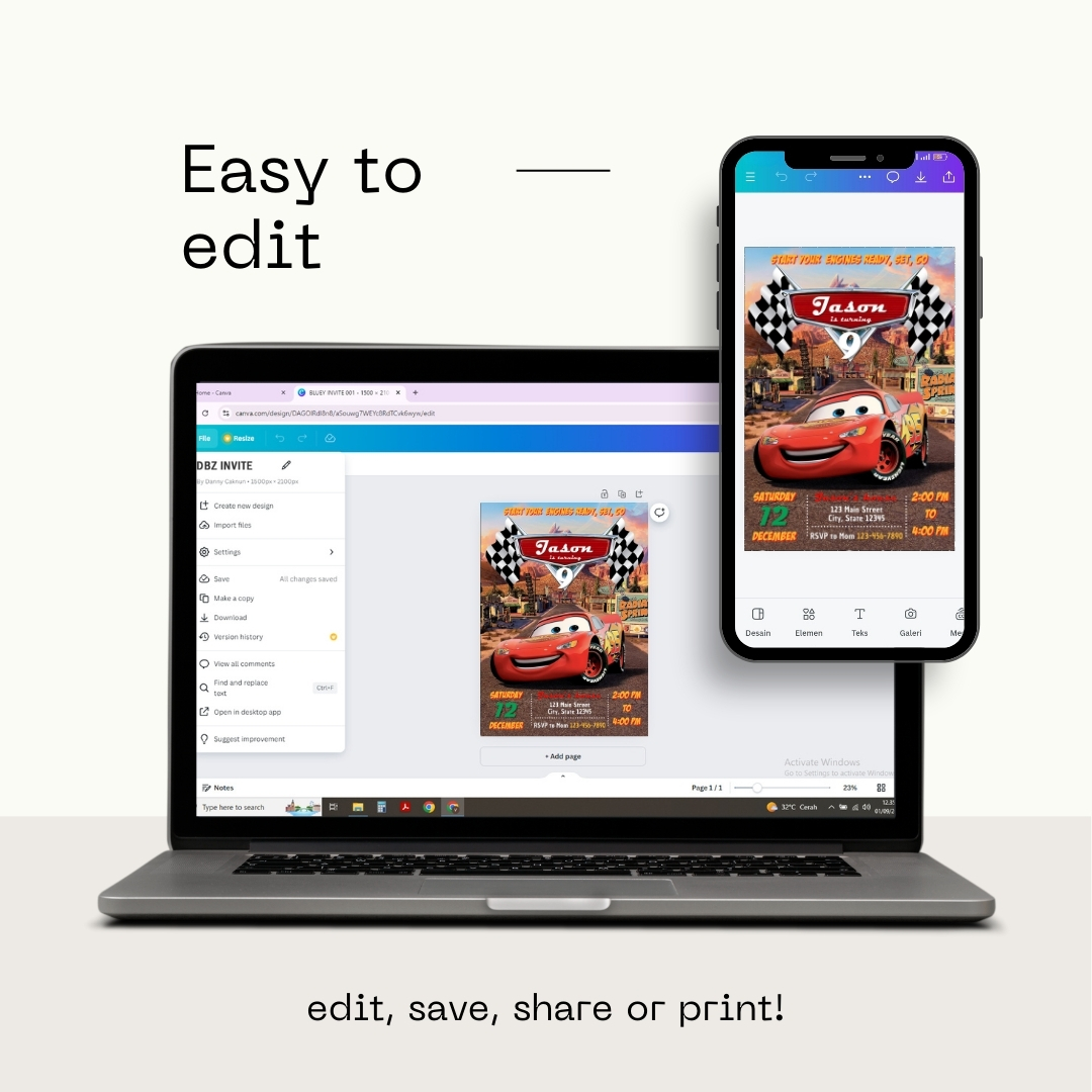 Editable "Start Your Engines" Cars Birthday Invitation Template | Canva Digital Download