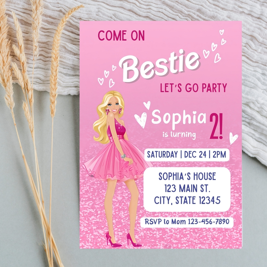 Modern Graphic Barbie "Let's Go Party" Invitation Template | Editable Canva