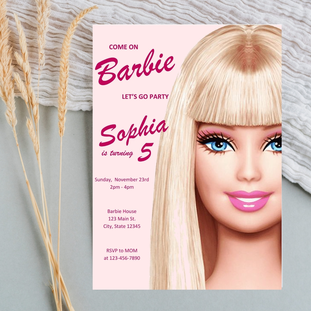 Modern Graphic Barbie "Let's Go Party" Invitation Template | Editable Canva