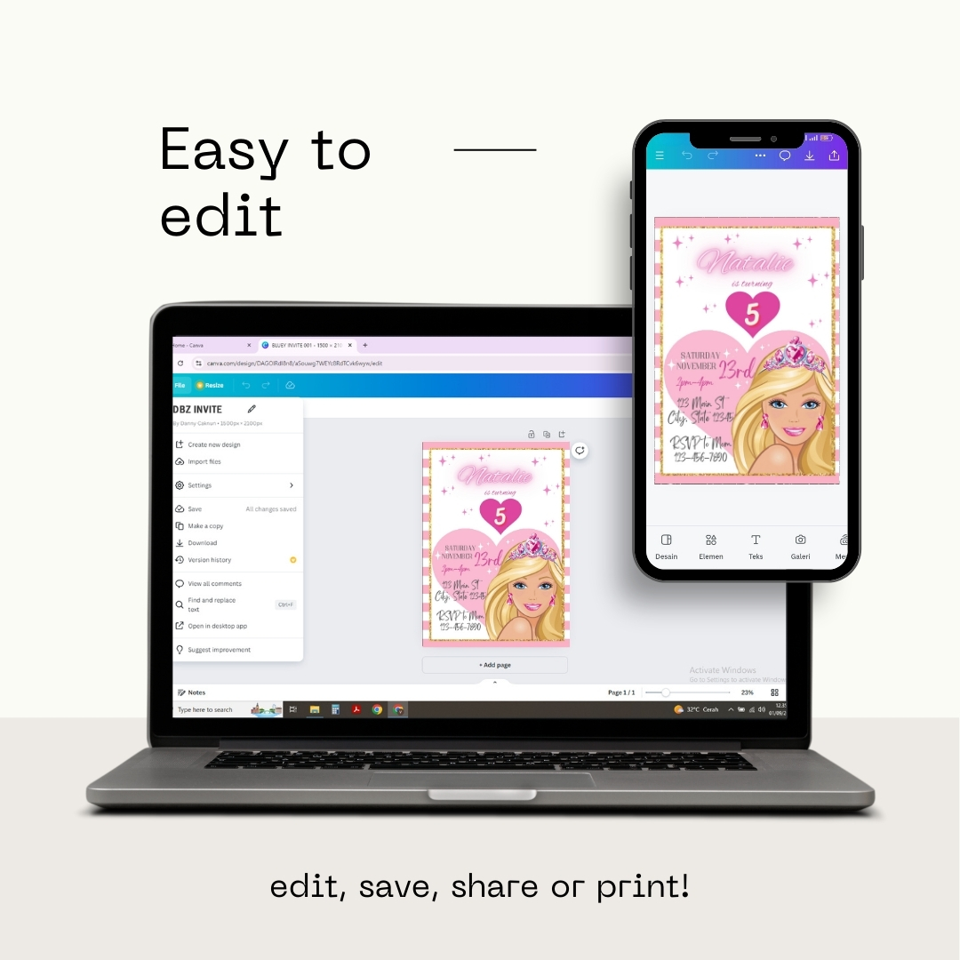 Modern Graphic Barbie "Let's Go Party" Invitation Template | Editable Canva