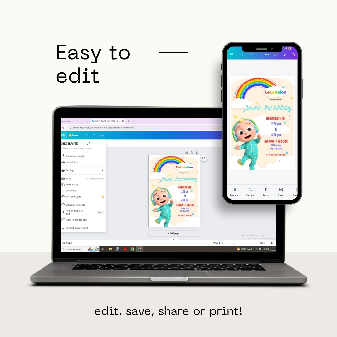 CoComelon 2nd Birthday Invitation Template | "You're Invited" Editable Canva