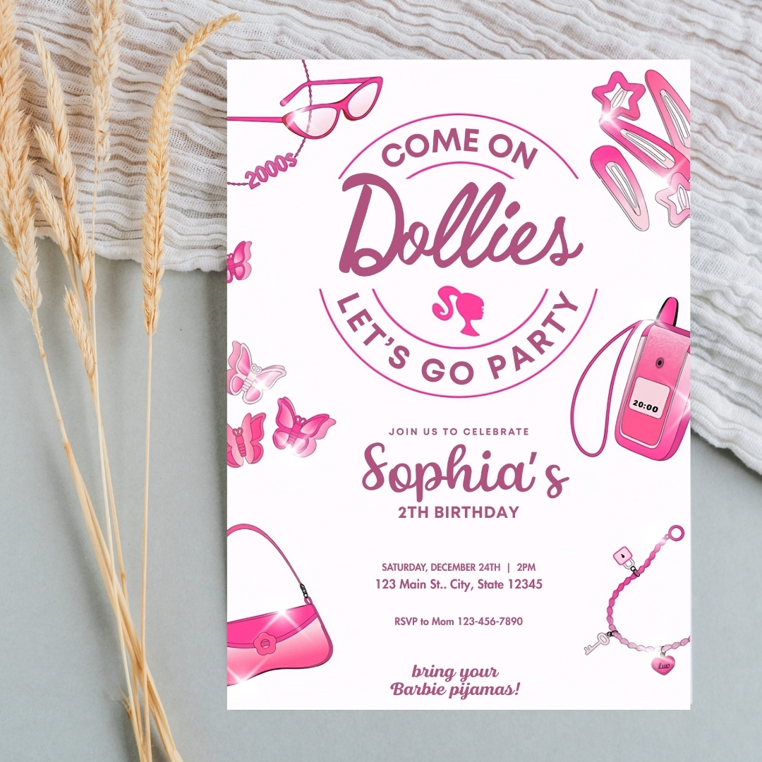 Modern Graphic Barbie "Let's Go Party" Invitation Template | Editable Canva