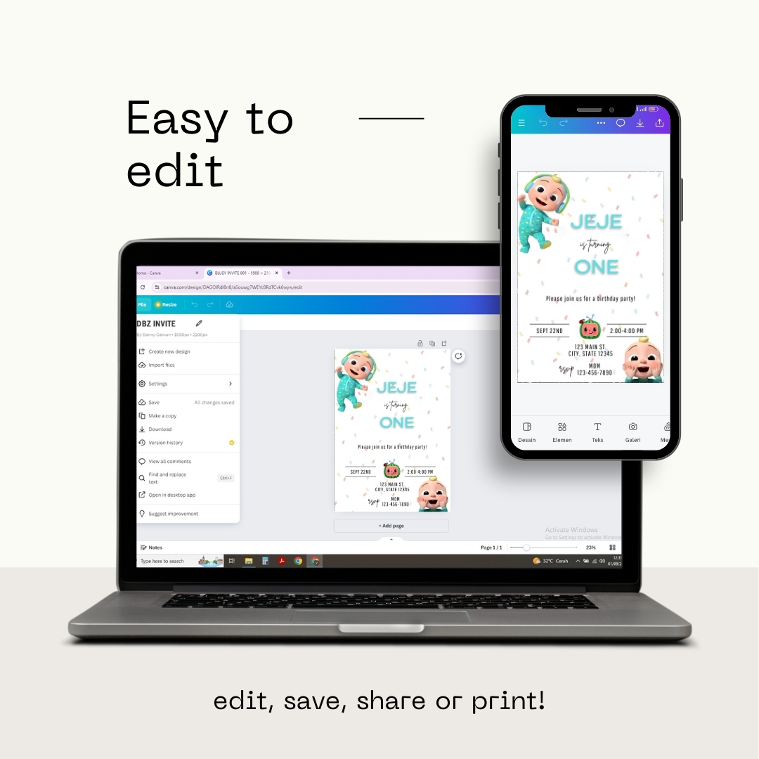 CoComelon 1st Birthday Invitation Template | Editable Canva Digital Download