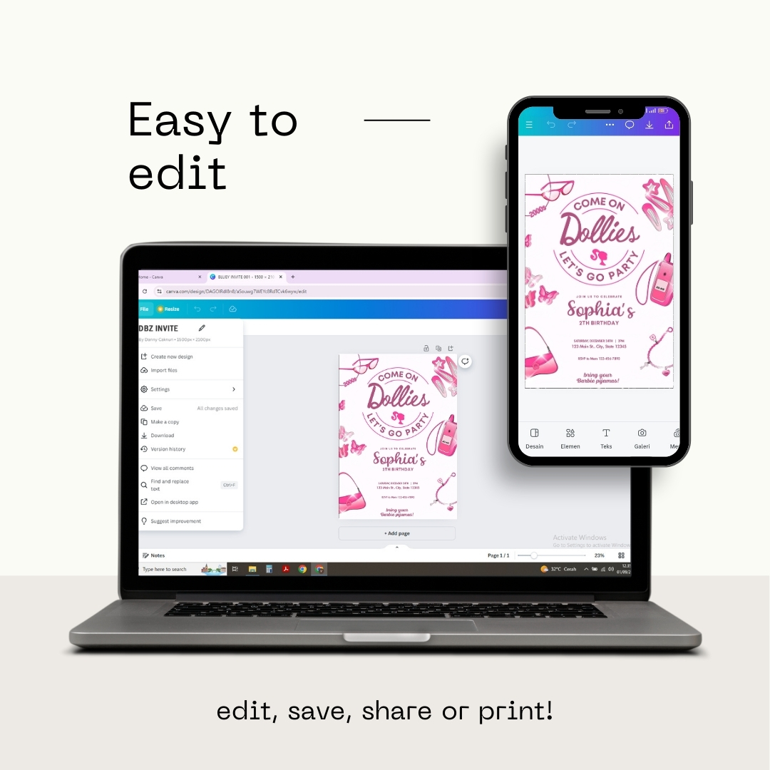 Modern Graphic Barbie "Let's Go Party" Invitation Template | Editable Canva