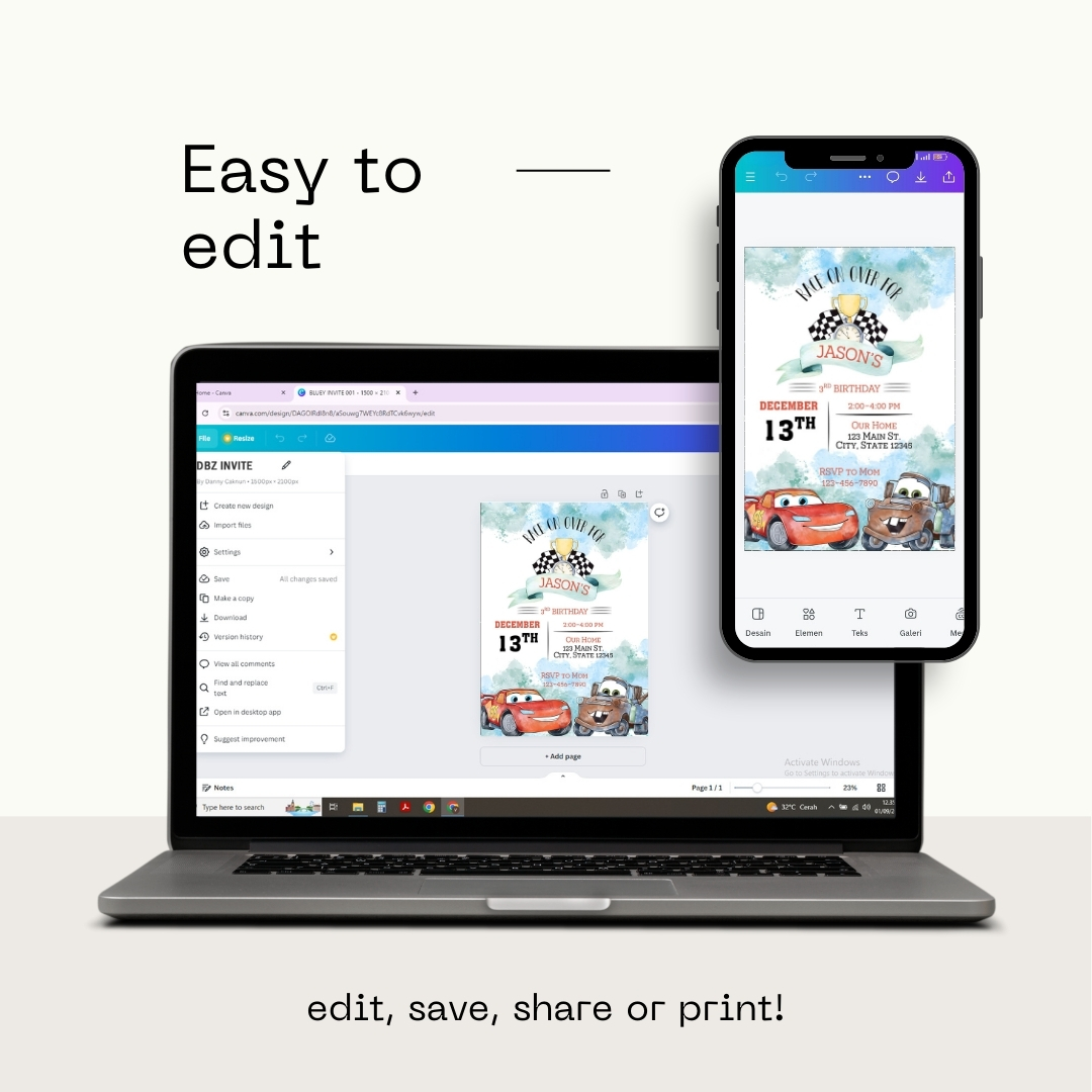 Editable Cars (Disney Pixar) Birthday Invitation Template | "Rice On Over" Theme