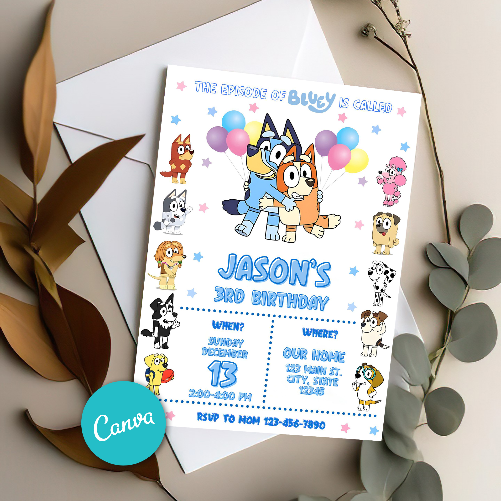 Editable Bluey Birthday Invitation Template – Canva digital template Invite – Bluey Theme Digital Download