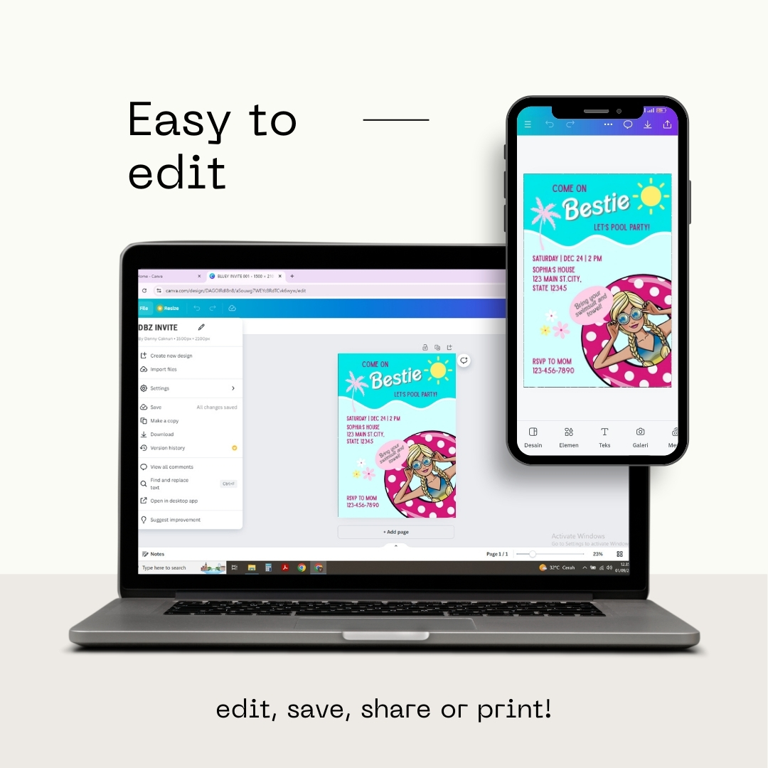 Editable Barbie Pool Party Birthday Invitation Template