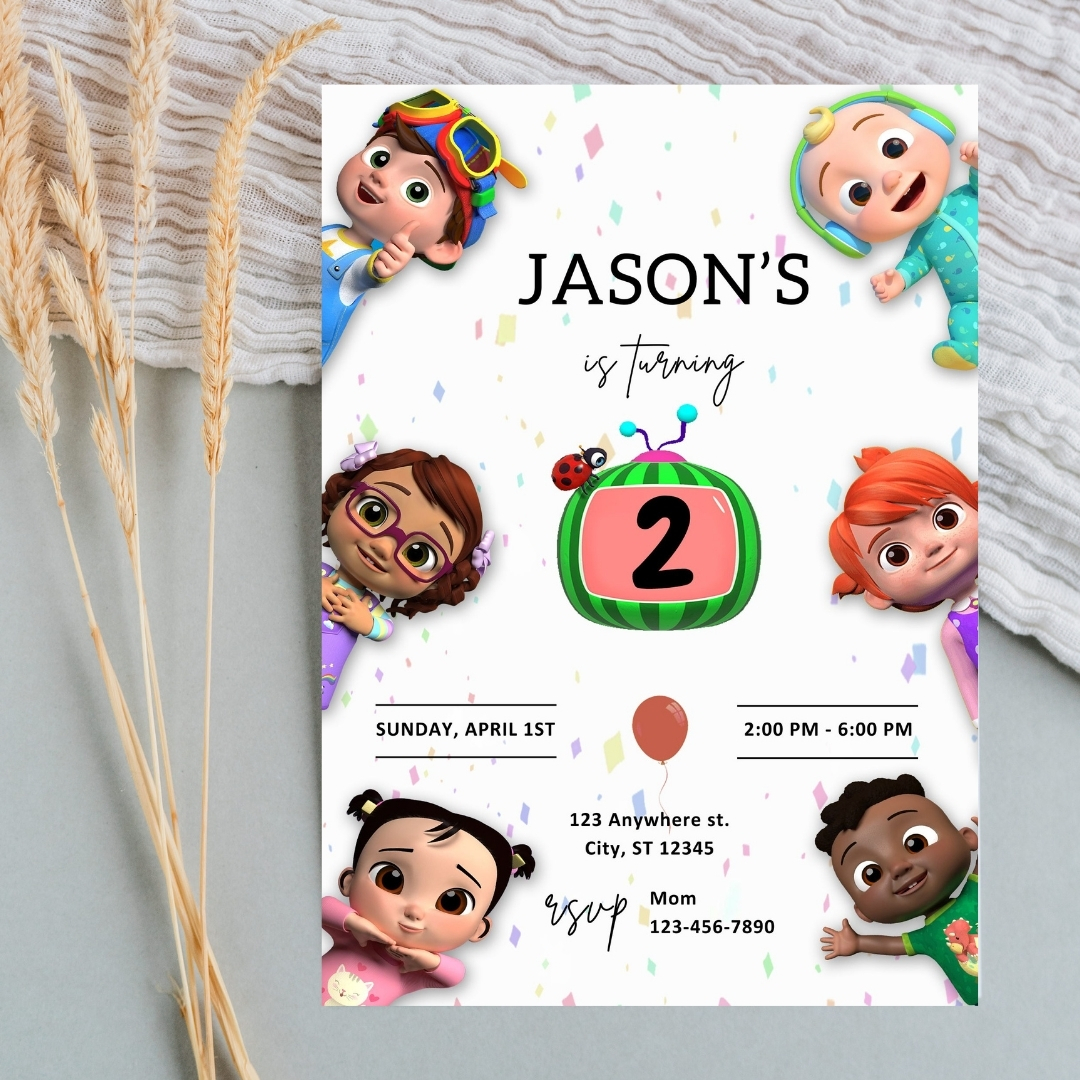CoComelon 2nd Birthday Invitation Template | Editable Canva Digital Download