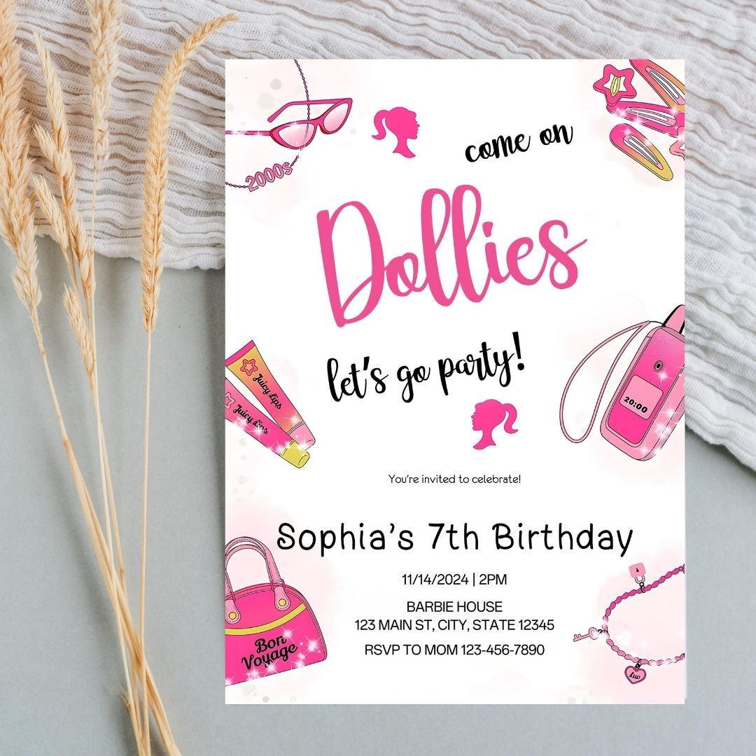 Modern Graphic Barbie "Let's Go Party" Invitation Template | Editable Canva