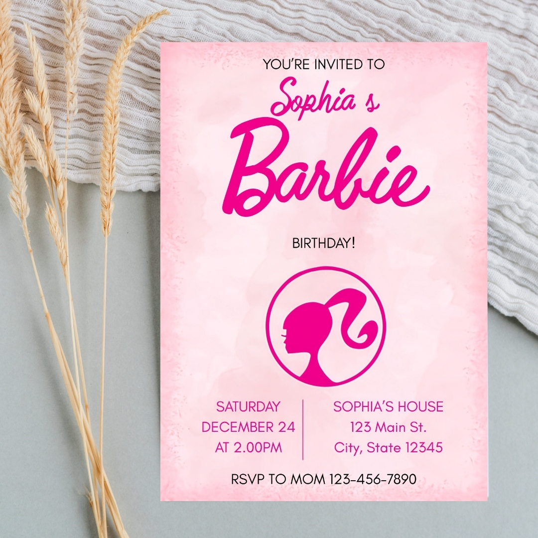 Modern Graphic Barbie "Let's Go Party" Invitation Template | Editable Canva