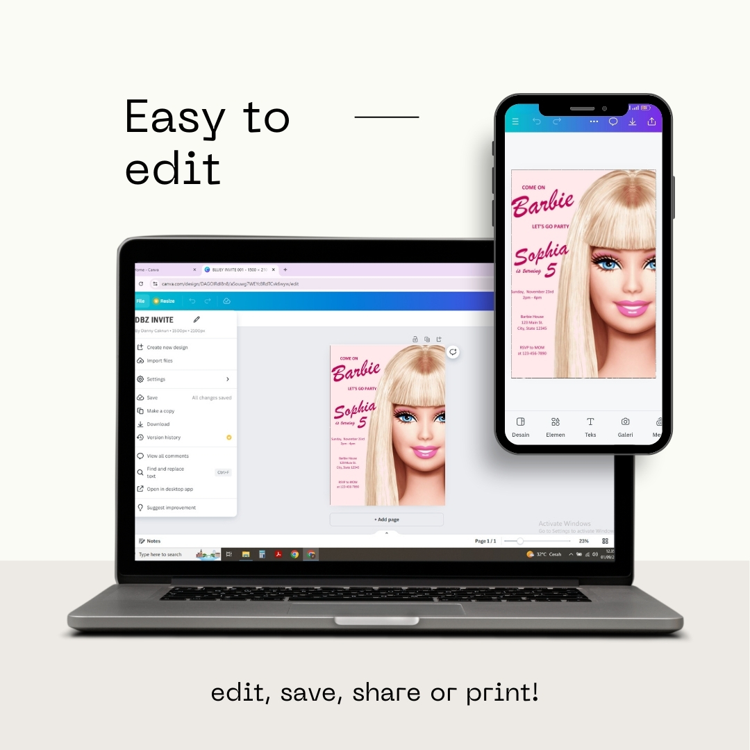 Modern Graphic Barbie "Let's Go Party" Invitation Template | Editable Canva