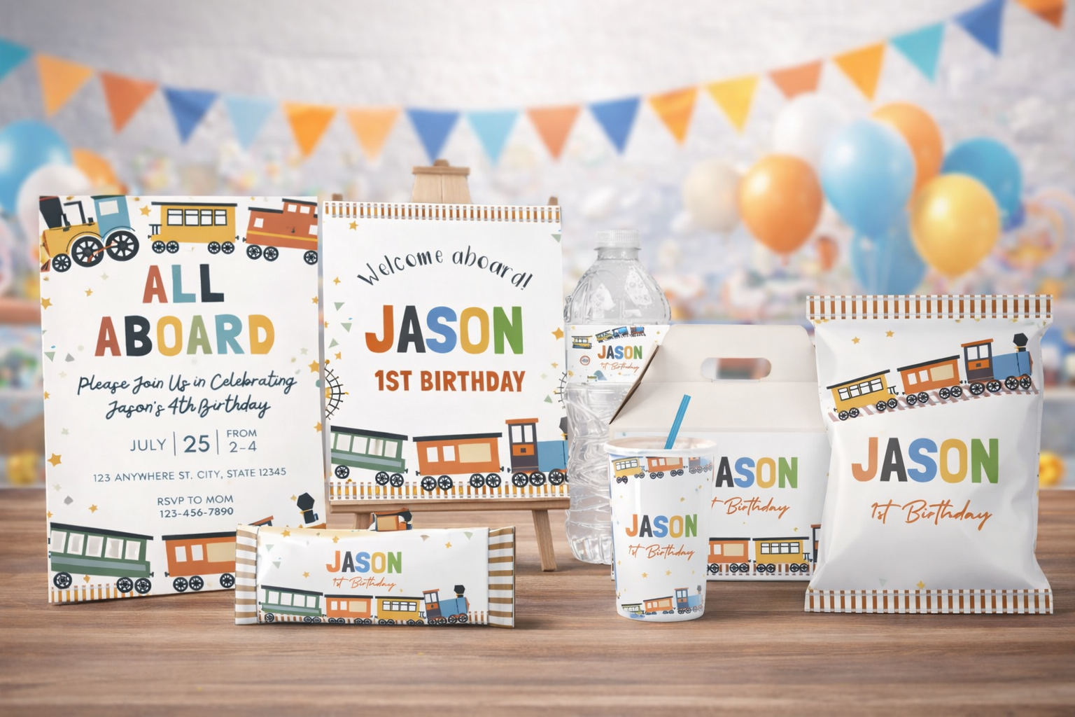 Train Birthday Party Bundle, Editable party templates, Canva instant download