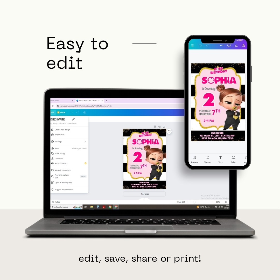 Editable Boss Baby 2nd Birthday Invitation Template | Canva Template