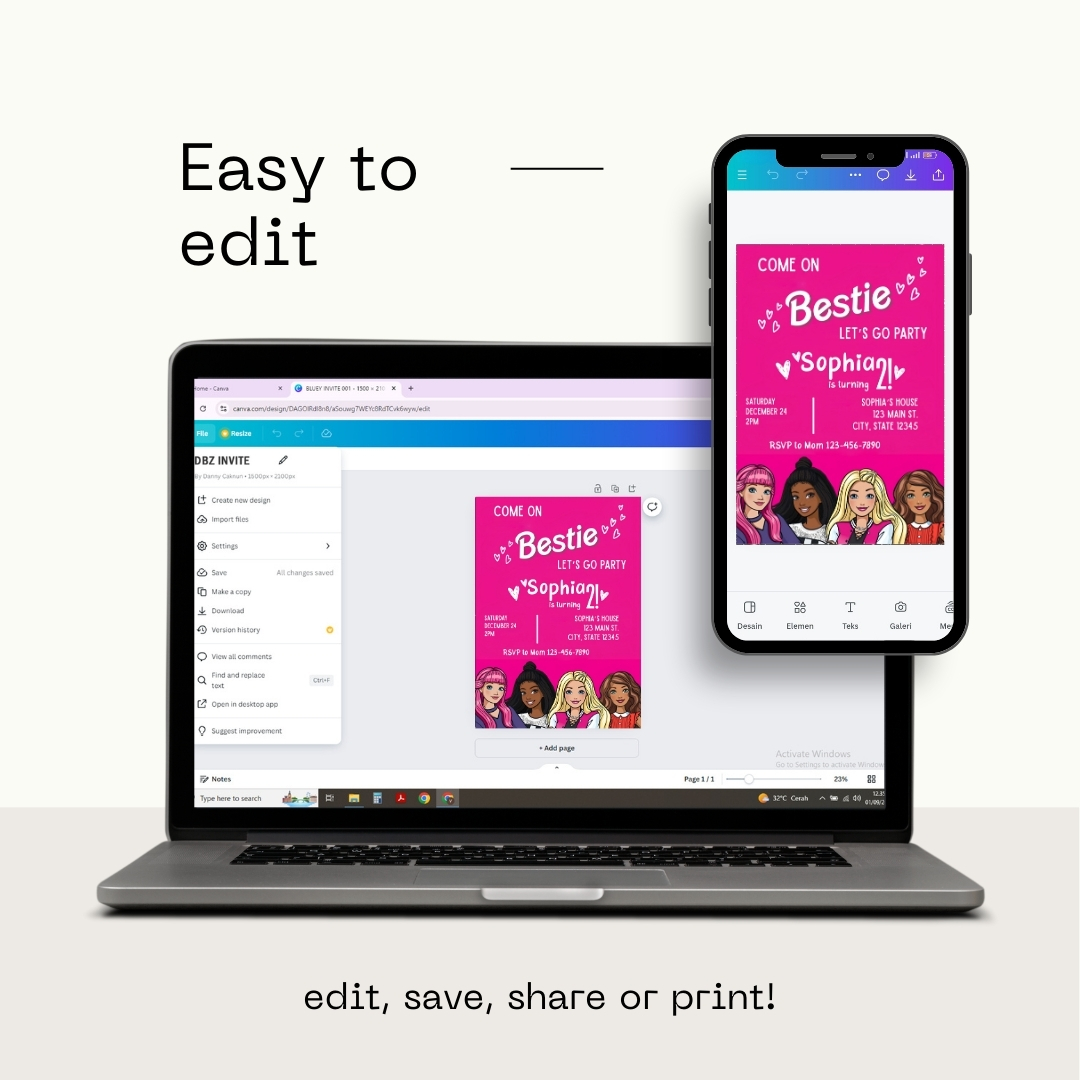 Modern Graphic Barbie "Let's Go Party" Invitation Template | Editable Canva