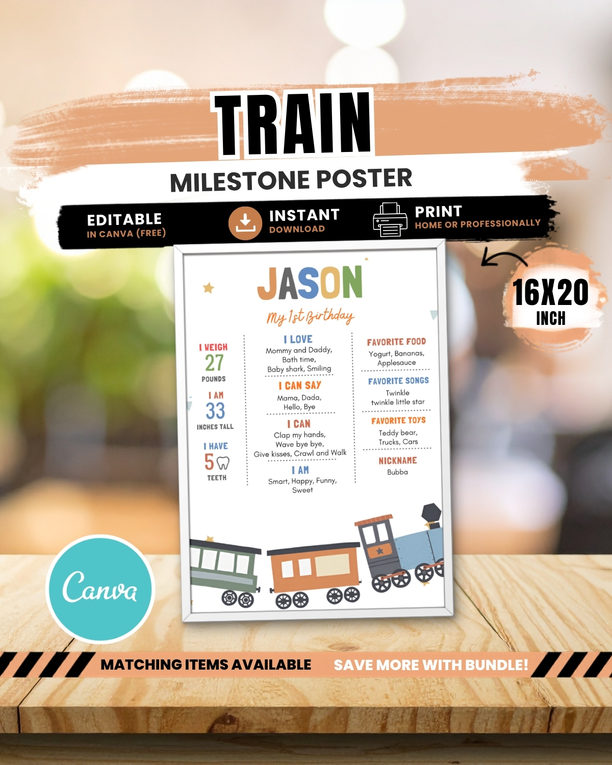 Train Milestone poster, Editable party poster, Canva instant donload