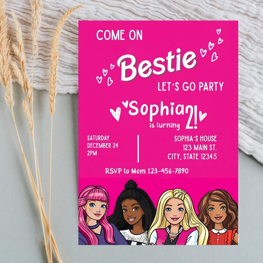 Modern Graphic Barbie "Let's Go Party" Invitation Template | Editable Canva