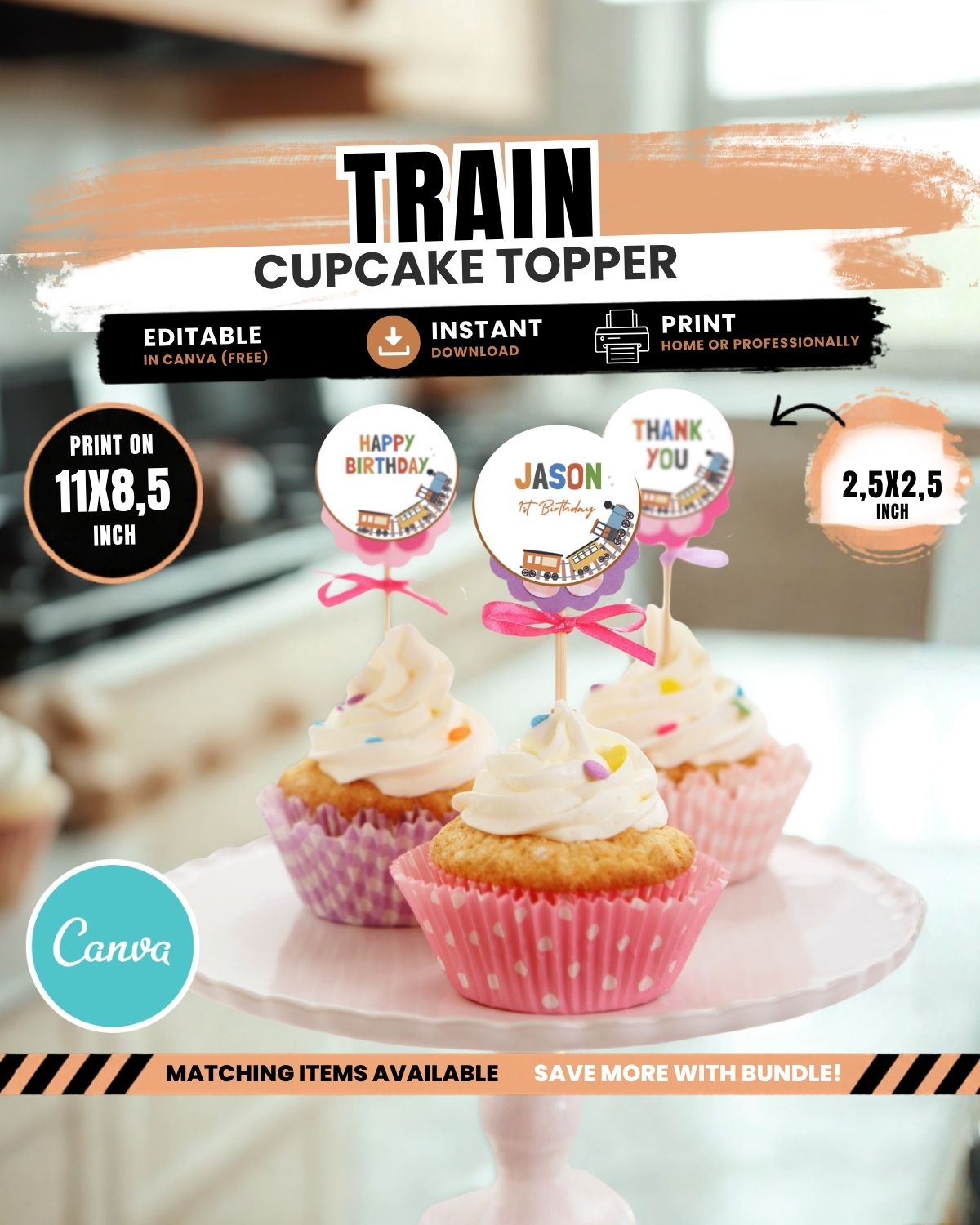 Train Birthday Cupcake topper, Editable party invite, Canva instant donload