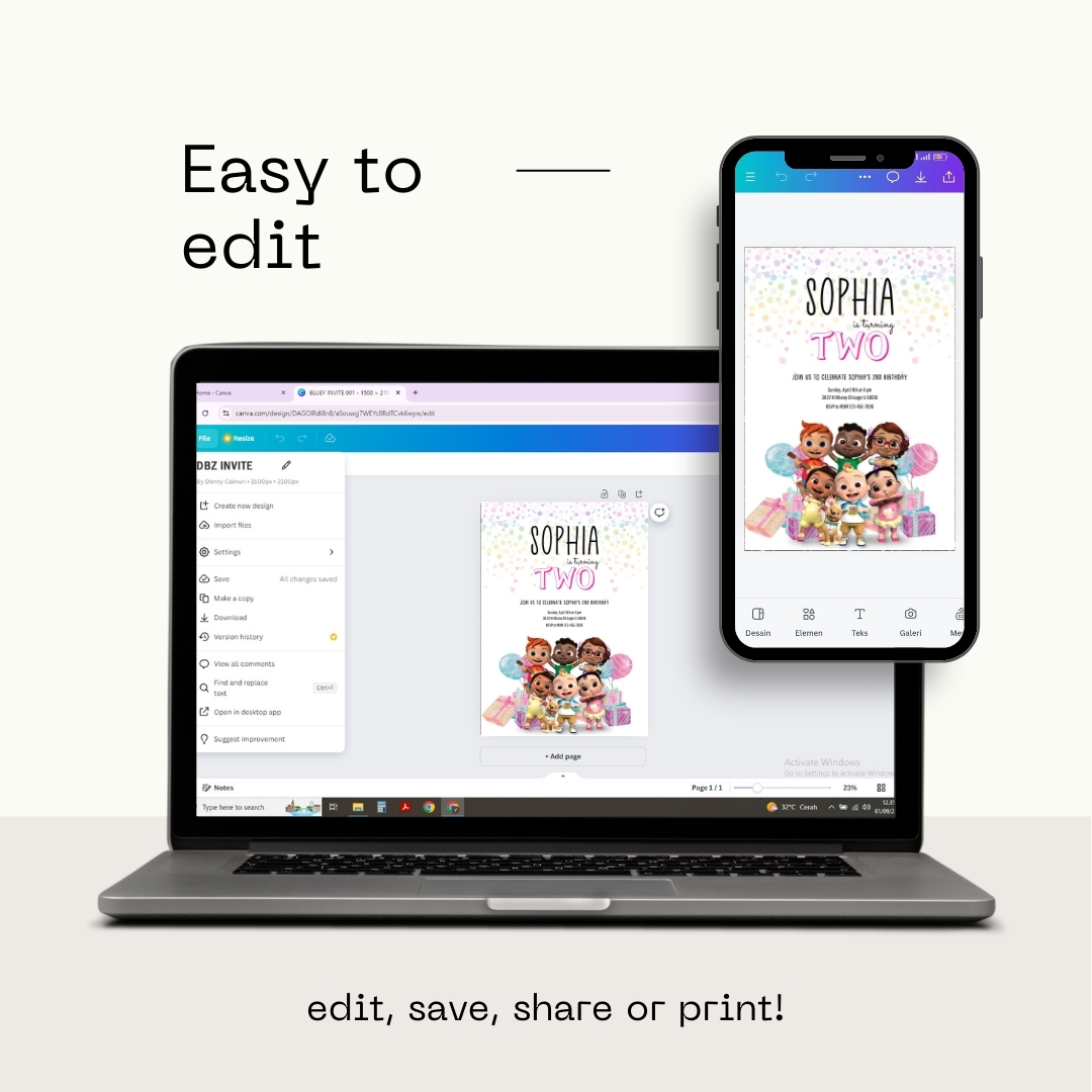 Simple CoComelon 2nd Birthday Invitation Template | Clean & Editable Canva Design