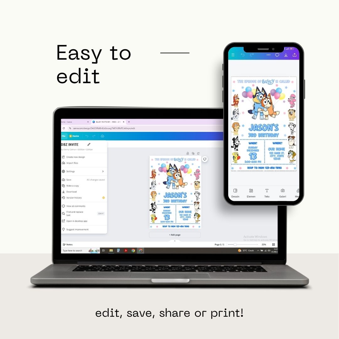 Editable Bluey Birthday Invitation Template – Canva digital template Invite – Bluey Theme Digital Download