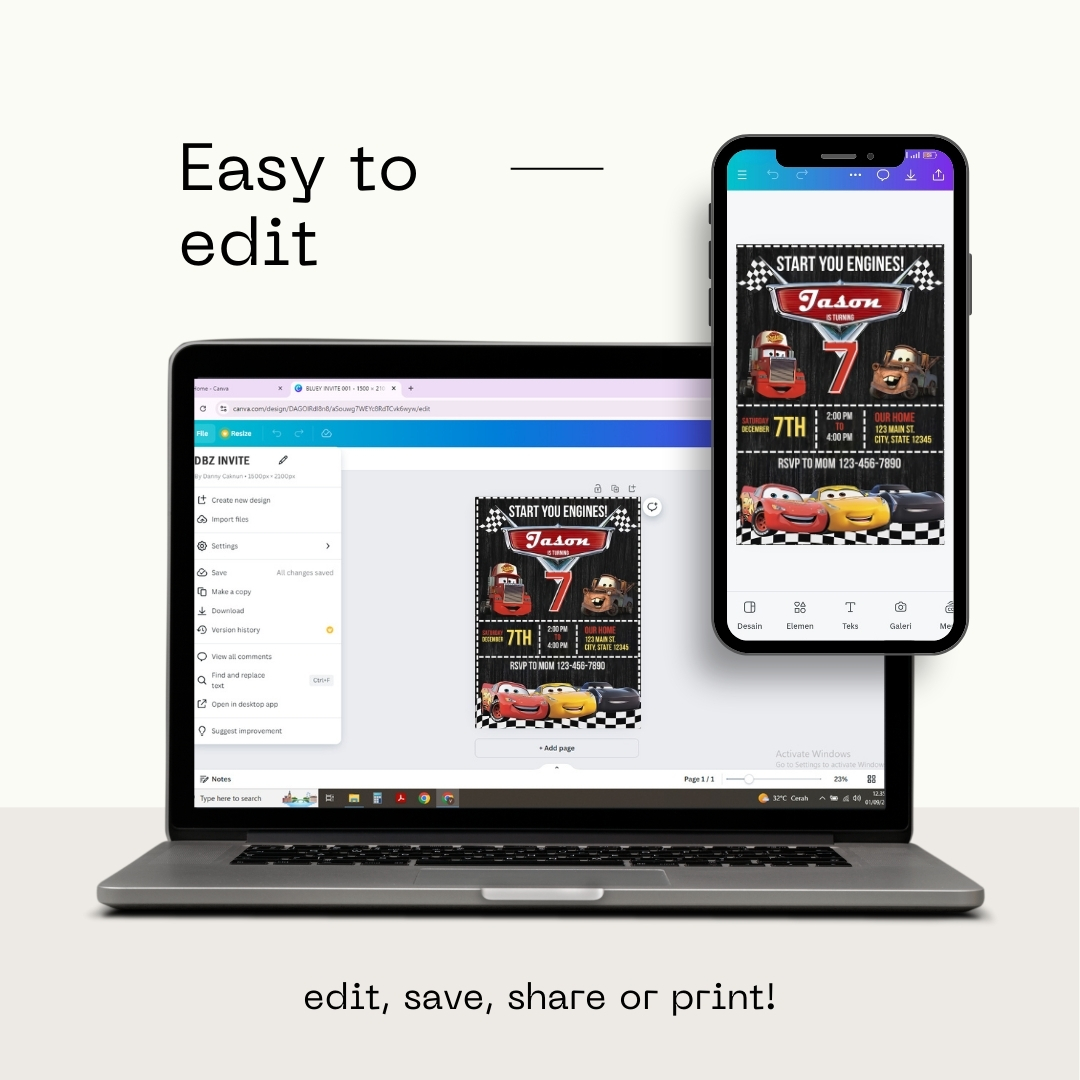 Editable "Start Your Engines" Cars Birthday Invitation Template | Canva Digital Download