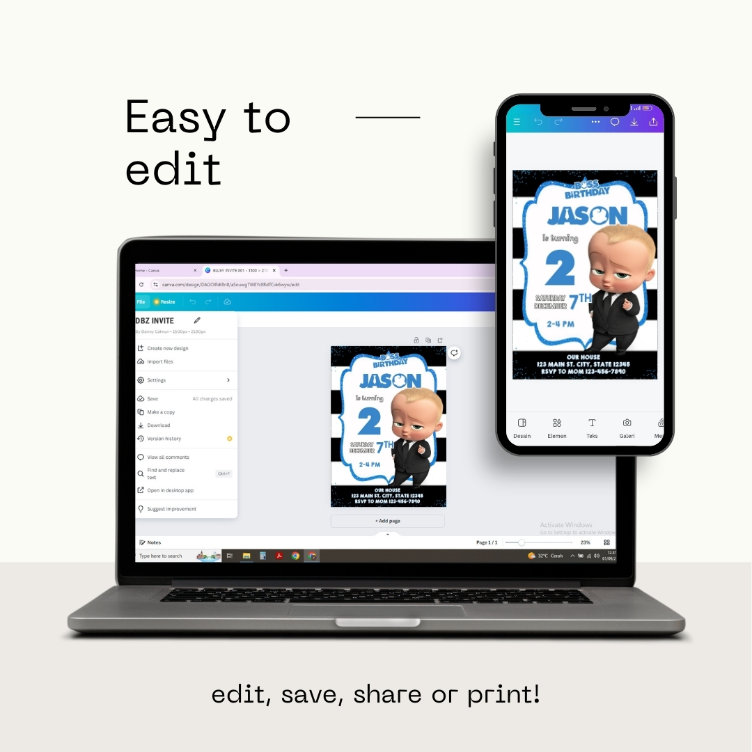 Editable Boss Baby 2nd Birthday Invitation Template | Canva Template