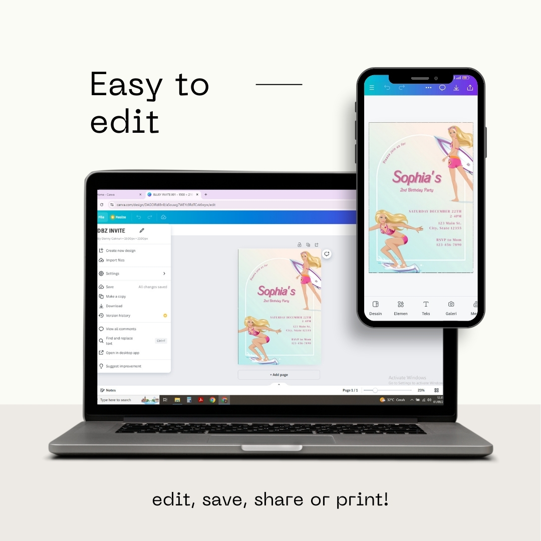 Vintage Floral Barbie 2nd Birthday Invitation Template | Editable Canva Digital Download